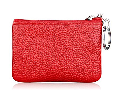 Genuine Leather Small Coin Purse Change Pouch Bag Solid Color Wallet with Zipper Key Chain Ring Credit Card Holder for Women Men(Coffee) - color: Coffee