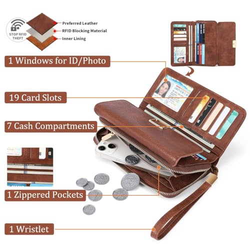Women Leather Wallet Crossbody Shoulder Bag with Double Zipper and Mobile Phone Purse with Shoulder Strap - color: 367-brown