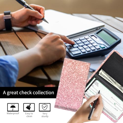 Checkbook Cover for Personal Checkbook, Cute Pu Leather Check Book for Women & Men, Slim Checkbook Holder with Pen Holder and Built-in Clear Plastic Divider, Pink Glitter - color: Pink Glitter