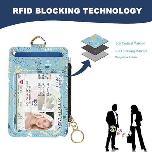 Slim Wallet Credit Card Holder, Blue Floral Print, RFID Wallet Women Cute Small Front Pocket Wallet With Zipper, PU Leather Thin travel RFID Blocking Card Case ID Window,Ladies Gifts - color: Blue Floral Print