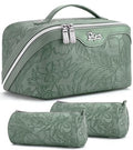 BOYATU Travel Makeup Bags Cosmetic Organizer Bag: 3-Set Make up Bag | Large Capacity PU Leather Toiletry Bags for Women - Wide Open Portable Pouch with Divider & Handle(03-Green-2) - color: 03-Green-2