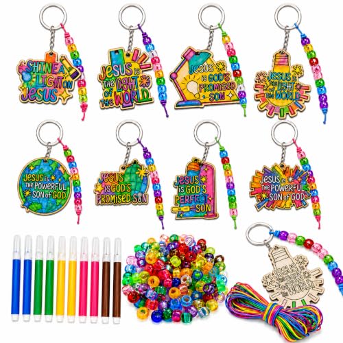Cinrobiye VBS 2026 Wooden Keychain Craft Kit, 24 Sets Color Your Own Jesus Light of the World Keychains with Beads, Christian Craft for Sunday School, Bible Class, Church VBS Activities - style: VBS