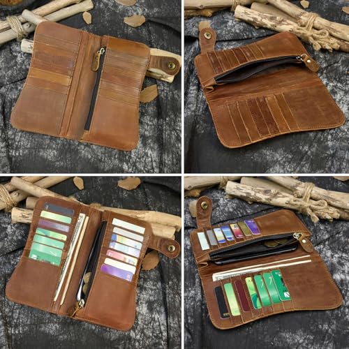 Motorcycle Chain Wallet for Men Tri-fold Long Biker Wallet with Heavy Duty Chain for Bikers Truckers Hunters - color: 10-Brown with Dragon
