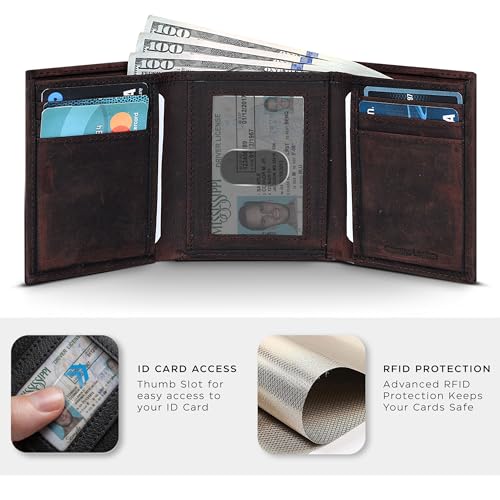 Trifold Leather Wallet for Men - RFID Slim Minimalist Front Pocket 6 Slots - color: Hunter Brown