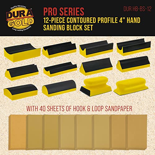 Dura-Gold 12-Piece Contoured Profile 4" Hand Sanding Block Set with 40 Sheet Hook & Loop Sandpaper Kit - Interchangeable Assorted Convex & Concave Shapes - Sand Wood Woodworking Furniture, Auto Paint - size: 12-Piece
