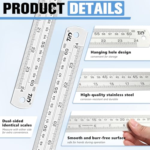 6 Pcs 24 Inch Metal Straight Edge Rulers, Double Sided Inch/Metric Conversion, Non-Bendable Stainless Steel Rulers for Carpentry, Metalworking, Tailoring & Surveying, Drawing, Office, Home - size: 24 Inch