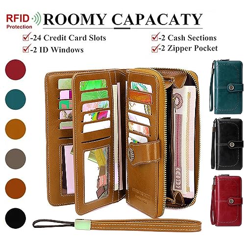 Women Leather Wallet Crossbody Shoulder Bag with Double Zipper and Mobile Phone Purse with Shoulder Strap - color: 660-brown