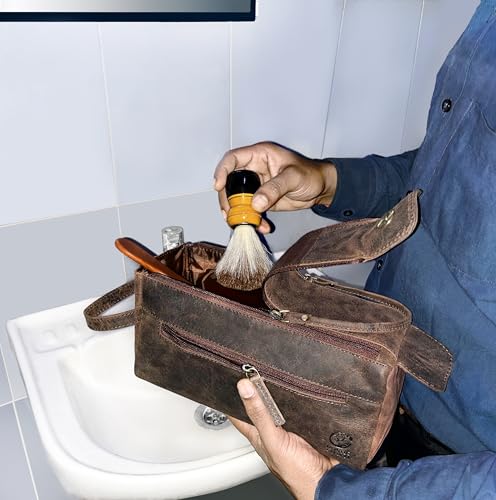 Rustic Town Leather Wash Bag for Men - Travel Toiletry Bag - Shaving Dopp Kit Toiletries Organizer - Leather Makeup Bag for Women | Main Compartment, Interior & Exterior Zip Pockets, YKK Zippers, Waterproof Lining; TSA Carry-On; Gifts for Him, Brown - col