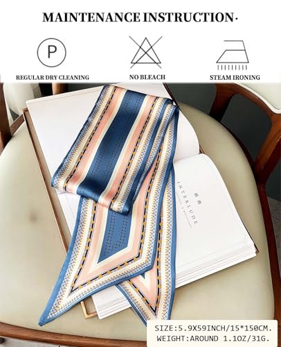 Head Scarf Purse Handle Neck Satin Hair Scarfs For Bag Lightweight Silky Long Thin Women's Fashion Scarves 59 * 5.9” - color: H27-blue and Pink Lines(59*5.9inch)