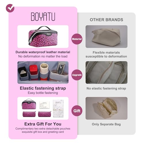 BOYATU Travel Makeup Bags Cosmetic Organizer Bag: 3 Pcs Set Large Capacity Make up Bag with Compartments - Waterproof Leather Toiletry Bags with Handle for Women (B-Red) - color: B-Red