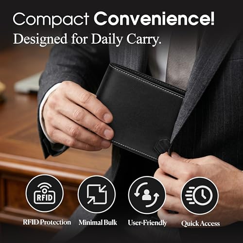 Top Grain, Real Leather Mens Bifold Wallet, RFID Blocking Front Pocket, Stylish Wallet, Gift Box (Bifold Wallet - Black)