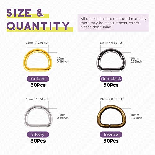 Swpeet 120Pcs 1/2 Inch - 13mm 4Colors Multi-Purpose Metal D Ring Semi-Circular D Ring for Hardware Bags Ring Hand DIY Accessories (Mixed Color, 1/2 inch) - color: Mixed Color, size: 1/2 inch