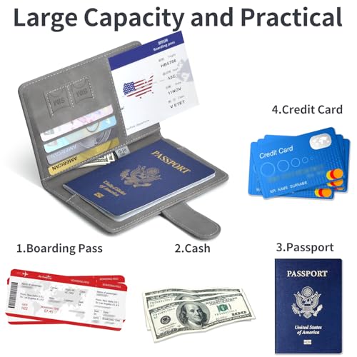 Passport Holder, Passport Cover with Credit Card Slot and Boarding Pass Slot Combo, Passport Wallet Case Book Travel Must Have, RFID Blocking Leather Travel Accessories, Grey - color: Grey