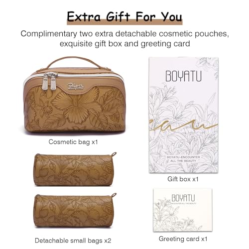 BOYATU Travel Makeup Bags Cosmetic Organizer Bag: 3-Set Make up Bag | Large Capacity PU Leather Toiletry Bags for Women - Wide Open Portable Pouch with Divider & Handle(01Brown) - color: 01-Z-Brown