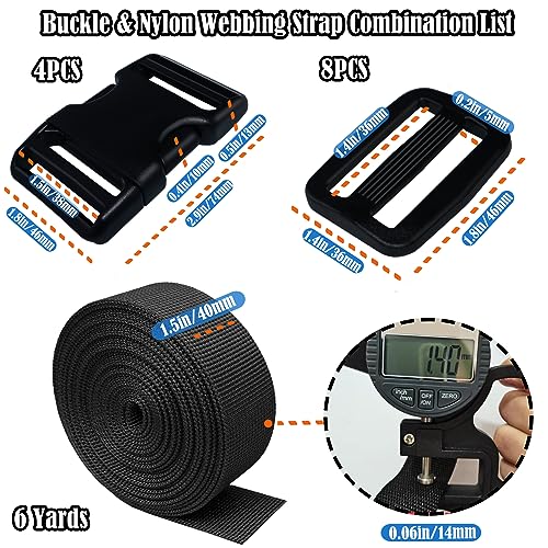 Buckles Straps 1.5 Inch, Webbing Straps 6 Yards, Quick Side Release Plastic Buckles 4 Packs, Tri-Glide Slide Clip 12 PCS, No Sewing Required Heavy Duty Durable, Backpack Parachute Replacement. - color: 1.5 Inch Buckles Straps