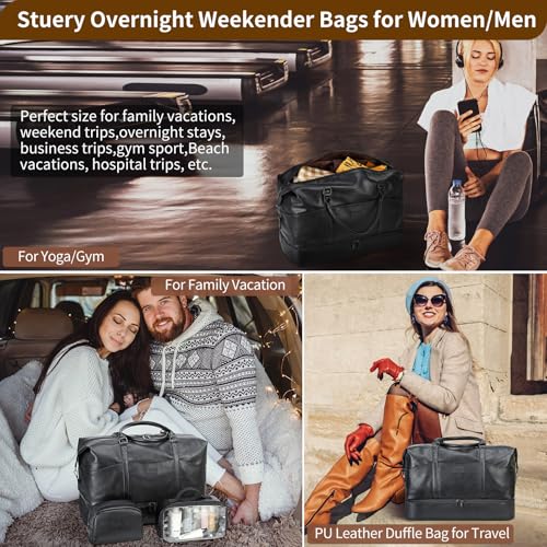Faux Leather Weekender Bags for Women: Large Overnight Bags Travel Duffel Bag Carry On Shoulder Weekend Tote with Shoe & Laptop Compartment & Toiletry Bags for Airplane Traveling Gym - color: PU-Black