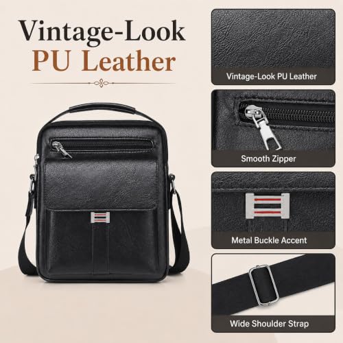 Small Crossbody Bag, Mens Shoulder Bag, Vintage leather Bag Office Business for Men, Handbag Purse Zipper - color: Black-2