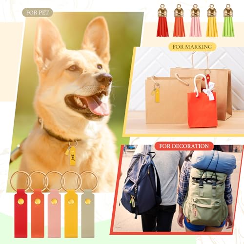 100 Pcs PU Leather Keychain Blanks Bulk | Laser Engraving Blanks Keychain Kit 50 PU Leather Blank Key Fob, 50 Pack Tassels for DIY Key Chains Craft