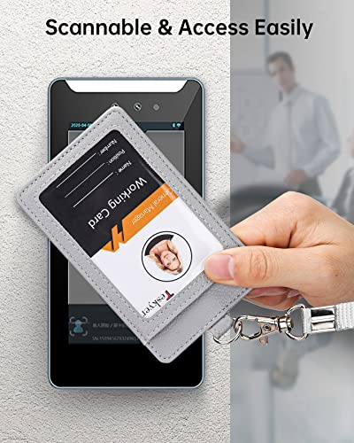 Teskyer Leather ID Badge Holder with Lanyard, Vertical Lychee Gray | Durable Nylon Lanyard, Rear Card Pocket, Scan Without Removing Card, Built to Last, Work & Cruise Ready - color: Lichee Gray, size: Vertical