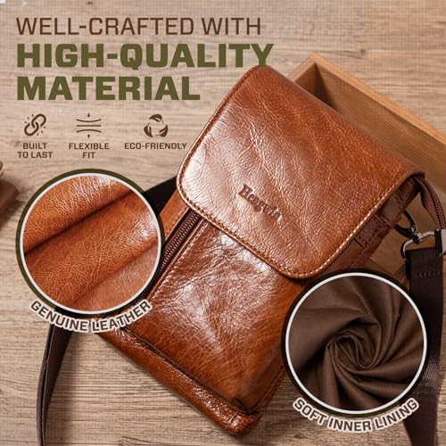 Genuine Leather Small Crossbody Bag for Men Women, Cellphone Belt Pouch Bag, Travel Passport Wallet, Shoulder Holster - color: Brown