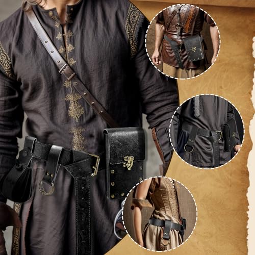 Renaissance Belt Pouch Waist Bag Steampunk Pouch Medieval Leather Belt Skirt Hikes Set, Retro Renaissance Accessories for LARP Cosplay Costume Christmas Gifts (2Pouch-Black) - color: 2Pouch-Black