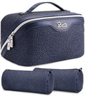 BOYATU Travel Makeup Bags Cosmetic Organizer Bag: 3 Pcs Set Large Capacity Make up Bag with Compartments - Waterproof Leather Toiletry Bags with Handle for Women (A-Dard Blue) - color: A-Dard Blue