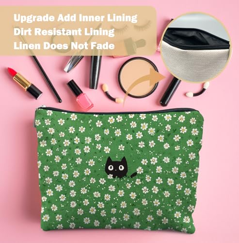 Cute Cat Green Floral Makeup Bag,Gifts for Women Cat Lovers,Cats Lover Lady Mom Grandma Gifts, Abstract Flower Kitty Kitten Zipper Makeup Pouch,Spring Holiday Toiletry Bag - color: Cute Cat Green