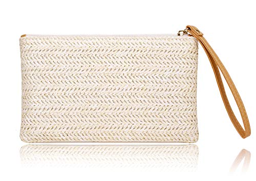 COOKOOKY Womens Straw Clutch Bag Bohemian Summer Beach Straw Purse Zipper Wristlet Wallets for Women - color: Beige-white