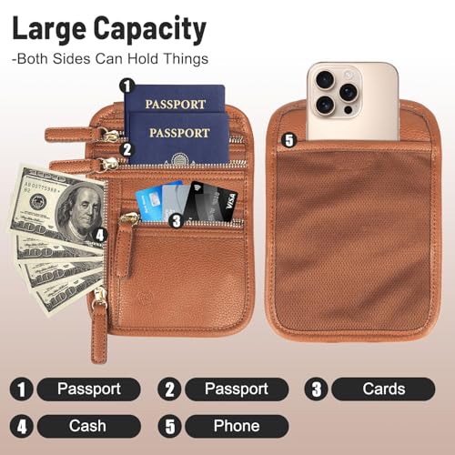Neck Wallet for Traveling Women Men, RFID Blocking Leather Travel Pouch - color: Brown