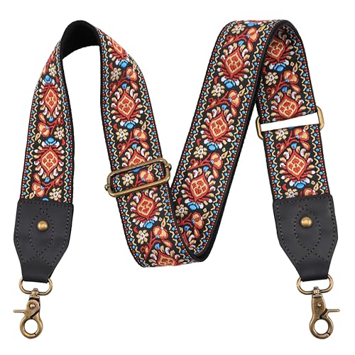 Nefelibata Purse Strap-2" Crazy Horse Leather Wide Shoulder Strap Adjustable Replacement,Retro knit Embroidery Multi-pattern Crossbody Bag Straps for Handbag,Crossbody Bags(Leather Red Embroidery) - color: Leather Red Flower Embroidery