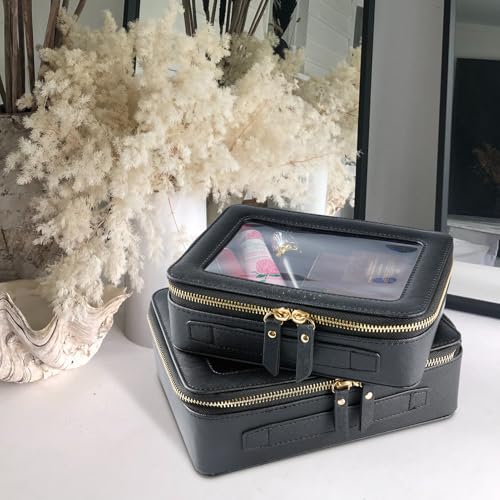 Aveniee Clear Makeup Bag Organizer, Portable Travel Toiletry Cosmetic Bag Case for Women, Heavy Duty Clear Pouch with zipper with Transparent Vinyl Windows & Gold Zippers(Black) - color: Black, style: Classic