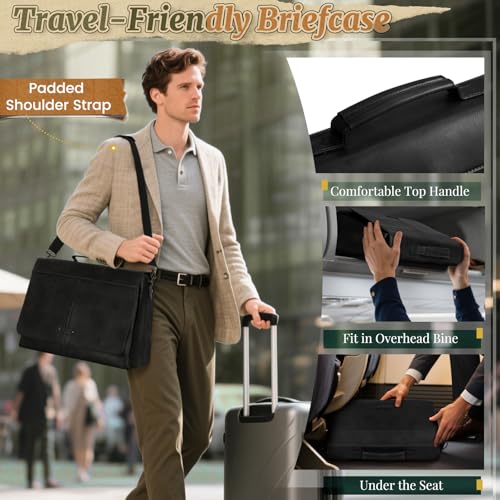 RAINSMORE Vintage Flap Messenger Bag for Men PU Leather Laptop Bag 15.6 Inch Mens Briefcase Waterproof Satchel Computer Bag - color: Black