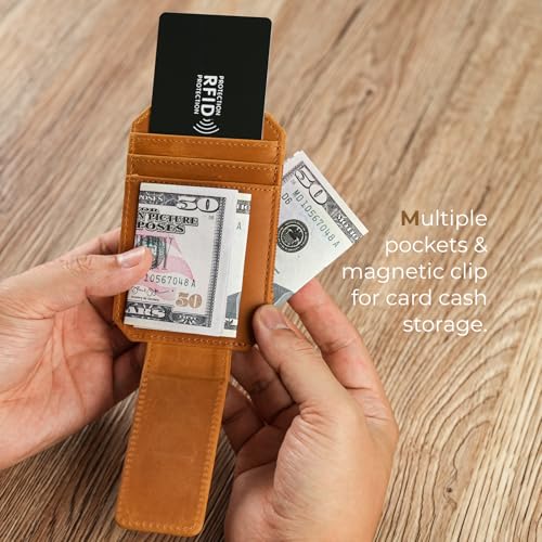 Crazy Horse Leather Money Clip Wallet with Holder Compatible with Air Tag.(Light Brown) - color: Light Brown