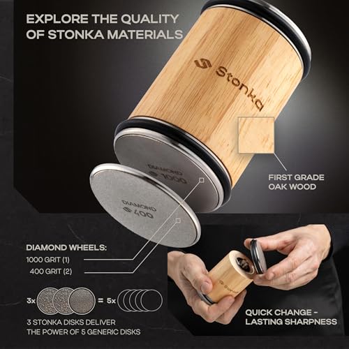 Stonka Oak Rolling Knife Sharpener Kit – Natural Wood, Diamond Wheels, Magnetic Angle Guide 15° & 20°, Leather Strop – Giftable Packaging - color: Oak