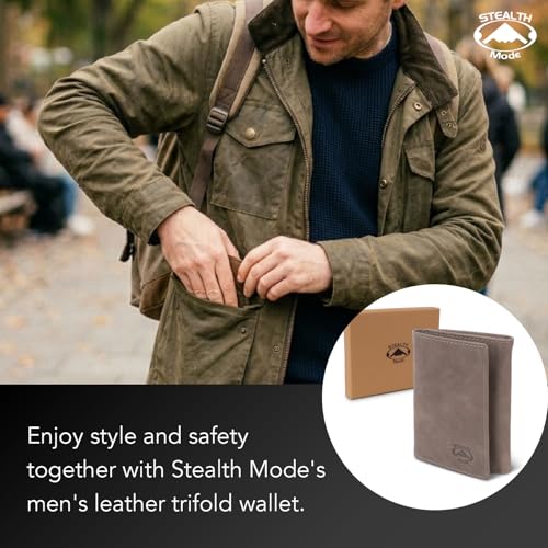 Stealth Mode Trifold Leather Wallet for Men with RFID Blocking (Grey) | Top Grain Napa Leather, 9 Card Slots, ID Window, Gift Box – Gift for Dad, Husband, or Son - color: Grey