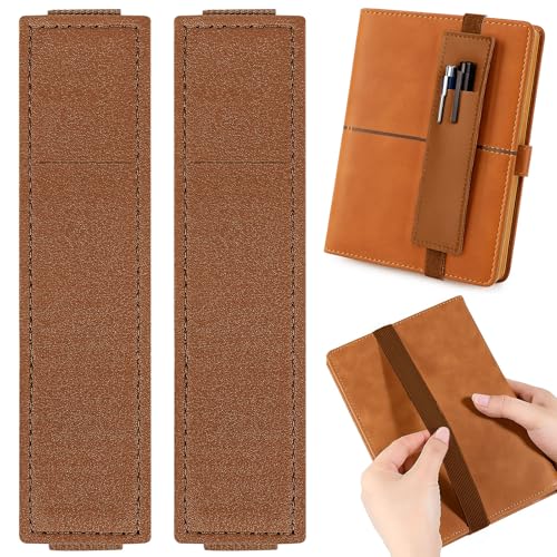 2 Pack Pen Holder for Notebook & Bible Pen Holder Elastic Pen Sleeve | Elastic Sleeve, 18cm (7.09in)-21cm (8.27in), PU Leather for Notebooks, Planners, Journals & Bibles, Brown - color: Brown