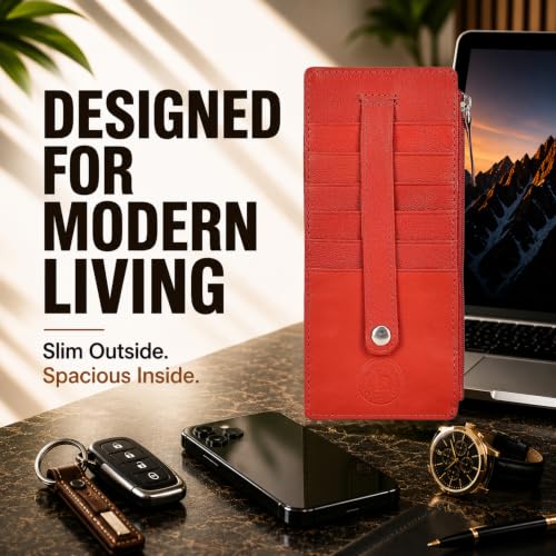 Leatherboss Genuine Leather Women's All in One Credit Business Card Case Holder Slim Zipper Wallet With a Card Protection Strap, Red - color: Red