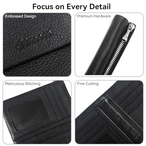 Women's Bifold Wallet, Genuine Leather, Magnetic, ID Window | Holds 10+ Cards, 2 Zip Coin Pockets, Pebbled Cowhide, Snap Closure, Large Capacity, Multiple Colors, Compact 5.5x3.9in - color: B-Black