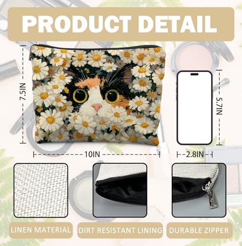 Cute Cat Floral Makeup Bag,Gifts for Women Cat Lovers,Cats Lover Lady Mom Grandma Gifts, Calico Cat Daisy Kitten Zipper Makeup Pouch,Spring Holiday Toiletry Bag - color: Cat Floral