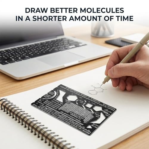 Organic Chemistry Stencil and Drawing Template, 3.35 X 2 Inch Organic Chemistry Model Kit Small Metal Ruler with a Leather Case for Engineering Equipment Artist Design Drawing Drafting Aid Tool