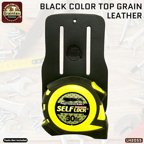 Graintex Measuring Tape Holder for Tool Belt, Premium Top Grain Leather, Steel Tape Holder Clip, Fits up to 3" Wide Belt for Electricians, Carpenters, Contractors, Framers - color: Black