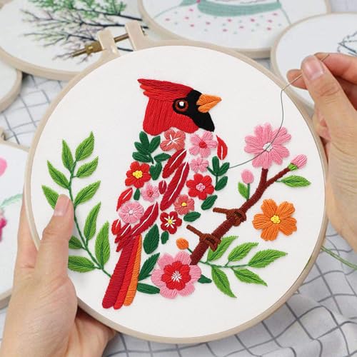 Louise Maelys Cardinal Embroidery Kit, Cross Stitch Kit for Beginne | Animal Embroidery Starter Kit With Stamped Fabric, Hoop, Threads, Needles And Instructions For Adults,Easy Needlepoint - color: birds
