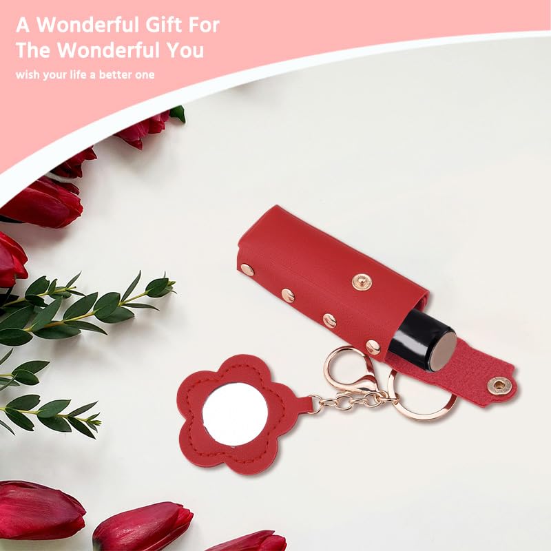Sisadodo Lip Oil Lipstick Case with Mirror Lip Oil Lipstick Holder Key Chain for Car Keys Keychains Lipstick Organizer Case - color: Red Flower