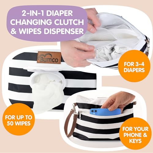 Bumco Portable Diaper Clutch Bag with Built-In Baby Wipes Dispenser | Airtight refillable wet container pouch. Portable travel wristlet strap holder for quick cleanups on the go. - color: Black