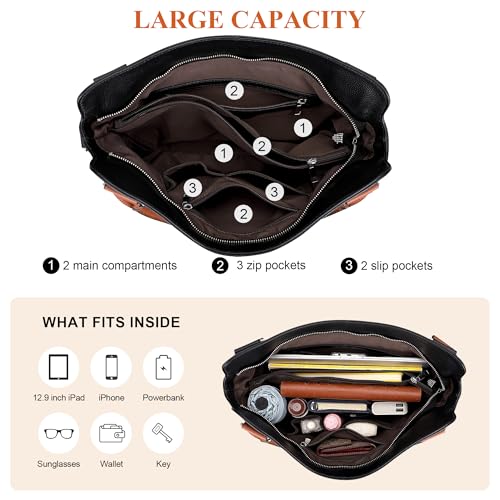 Genuine Leather Pueses for Women Large Hobo Bags Muti Pockets | Crossbody Tote Bags with Top Handles, Key Leash, Adjustable Straps for Shoulder/Handbags/Tote, Daily - color: 04-black/Brown
