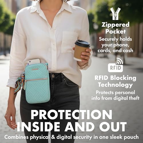 Magnetic Hip Pouch - RFID Blocking Pouch and Key Fob Protector - Zippered Pocket, Magnetic Snaplock Attachment - Lightweight Travel Wallet, Hip Bag for Concerts & Errands - Seafoam Teal Quilt - color: Seafoam Teal