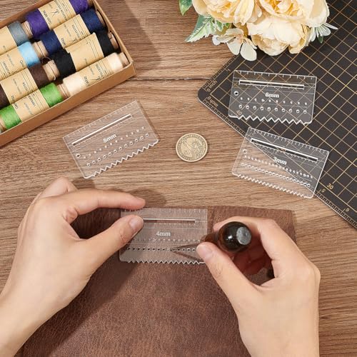 FINGERINSPIRE 4 PCS Clear Acrylic Leather Stitching Aid Plate 3/4/5/6mm Multifuction Stencil Template Leather Punching Tool Ruler Leather Stitching Aid Plate for Pulling Up Pricking Letherworking