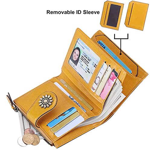 Womens Leather Wallet Small Compact RFID Blocking Credit Card Case Purse with Zipper Pocket | Small - color: Yellow