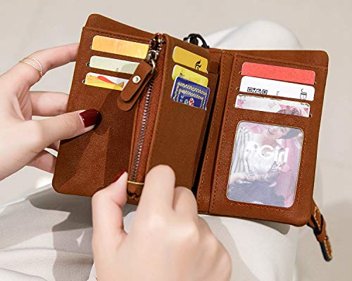 AOXONEL Women's Small Bifold Leather wallet Rfid blocking Ladies Wristlet with Card holder id window Coin Purse - color: Brown3