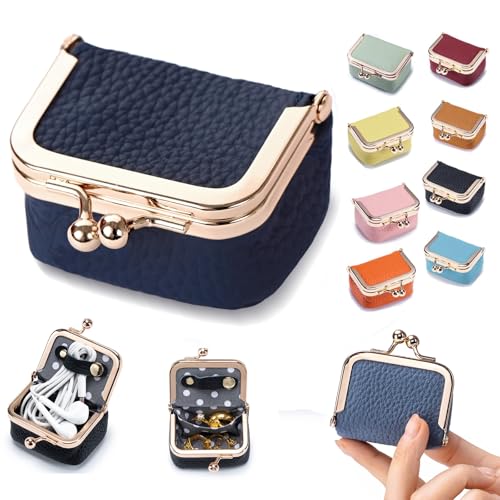 Genuine Leather Mini Jewelry Box & Coin Purse for Women, Travel Jewelry Case with Kiss Lock, Holds Earrings, Rings, Necklace, Bracelet, Coins (Dark Blue) - color: Dark Blue - 2.5in